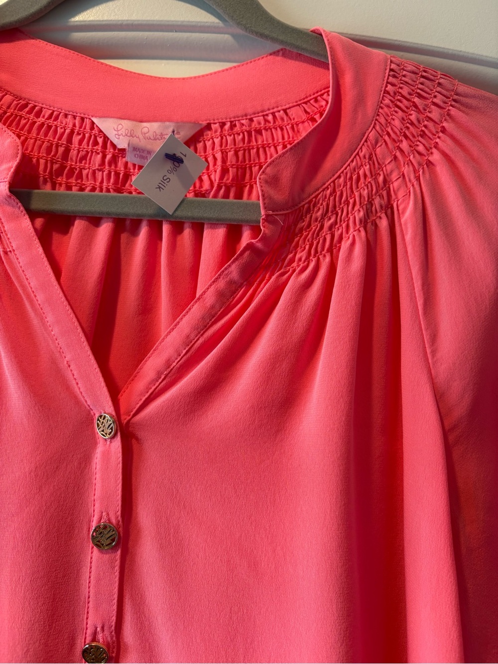 Lilly Pulitzer Coral Pink Long Sleeve Smocked Yoke Blouse - Picture 3 of 5